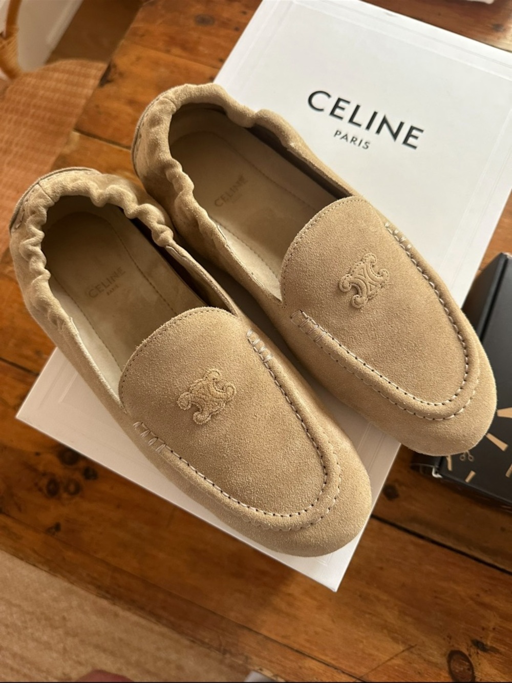 Celine Beige Suede Loafers with Signature Logo